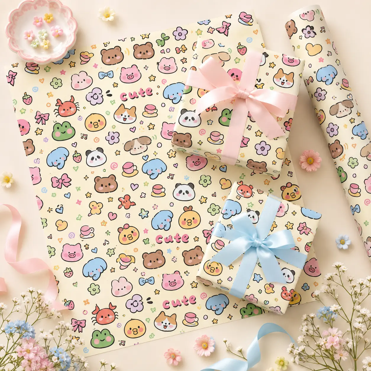 Cute Kawaii Animal Face Doodle Gift Wrapping Paper Sheet - Colorful Bear Cat Dog Pig Pattern Wrap for Birthday Kids