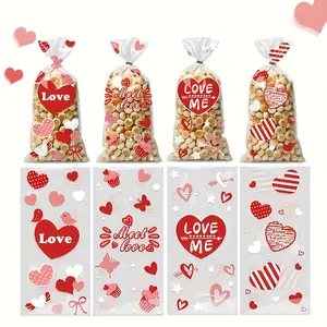 50pcs Valentine's Day Cellophane Gift Bags Red Heart Cellophane Gift Bags Plastic Candy Bags Snack Dried Fruit Packaging Bags Twist Ties for Valentine's Day Party Gift Supplies