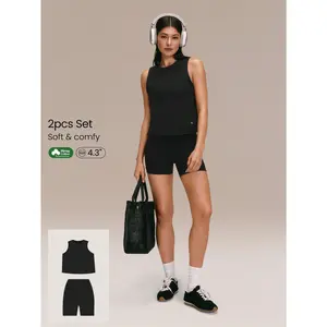 GLOWMODE Pima Cotton Stay Connected Lightweight Breathable Cropped Tank Top & 4.3" FeatherFit High-Waist Tummy Control Buttery-Soft Seamless Front Biker Shorts Low Impact Yoga Cycling Workout Daily Active Wear