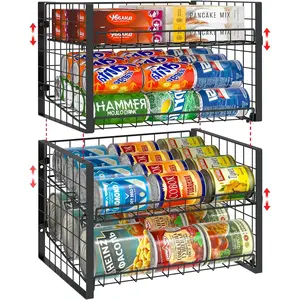 2-Tier Stackable Can Rack Organizer for Pantry, Adjustable Can Dispenser Holds Up to 60 Cans, Can Storage Holder for Various Ounces of Canned  Soda Drinks, Black, 2 Pack