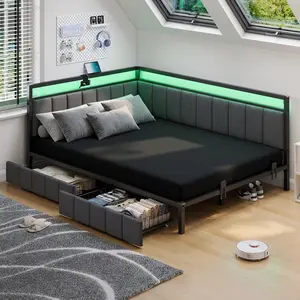 Hasuit Corner Bed Frame with Storage Drawers, Twin Daybed with Line Fabric Upholstered Fence, Kids Bed Unit with LED Light and Charging Station, Modern Bed Frame Twin Size,(No Mattress )