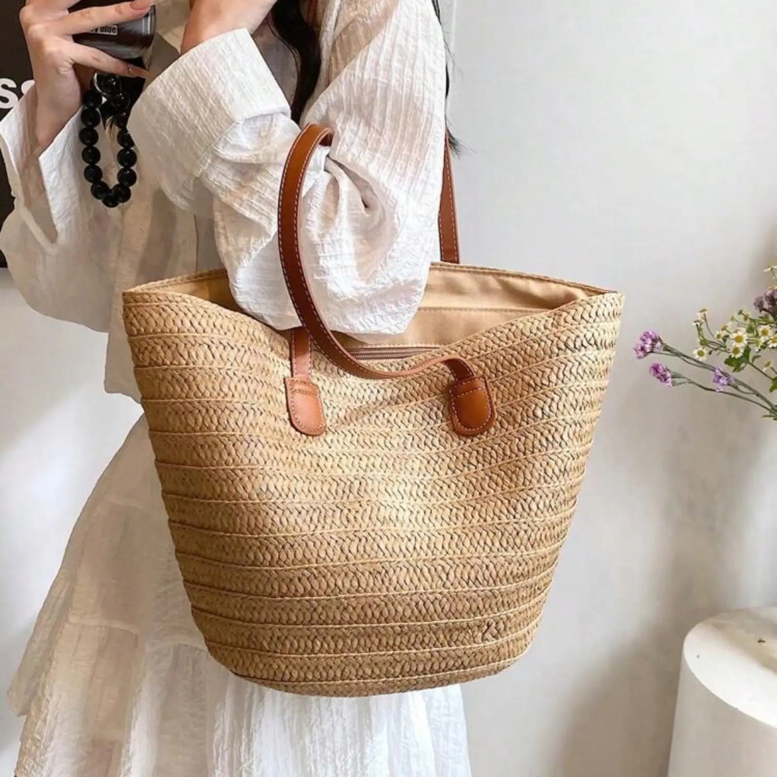 Fashionable Woven Straw Tote Bag for Women, Large Capacity Shoulder Handbag, Everyday Bucket Bag, Summer Women Bags for Vacation, Holiday, Straw Purse, Beach Essentials