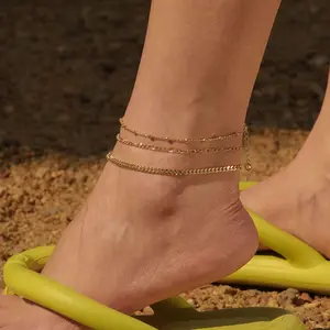 PANCERT Golden three-layer Cuba + Figaro + Golden Pearl ankle chain 21cm + 4