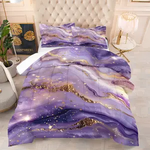 2/3 Piece Marble Textured Printed Comforter Set, Bedding Set, High-End and Luxurious Gold and Purple Matching, Luxurious and Fashionable, Including 1 Quilt and 1/2 Pillowcase