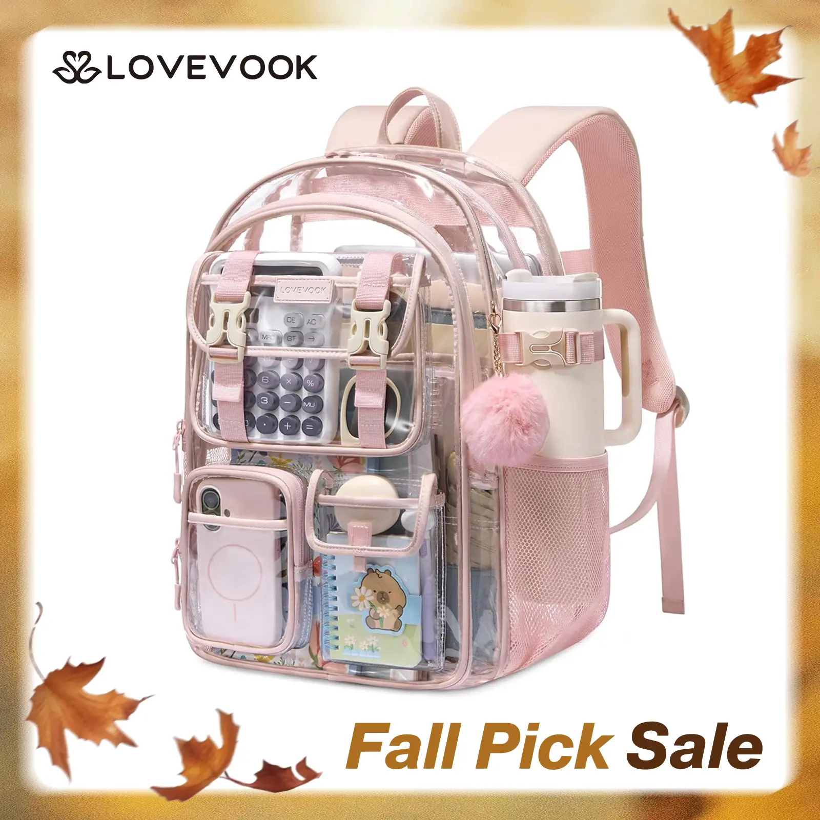 LOVEVOOK School Backpack for Teens,Student Transparent Backpack Purse for 8-16 Teenage, Cute Kid Bookbag with Large Cup Holder, Back to School Backpacks with Lunch Bag,Fit 15.6 Inch Laptop, Large College Travel Bag Gift