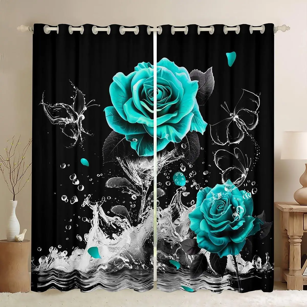 Teal Rose Window Curtains Bedroom Living Room Romantic Floral Blossom Curtains Adult Black Teal Window Drapes Reflection on Water Window Treatments,2 Panels