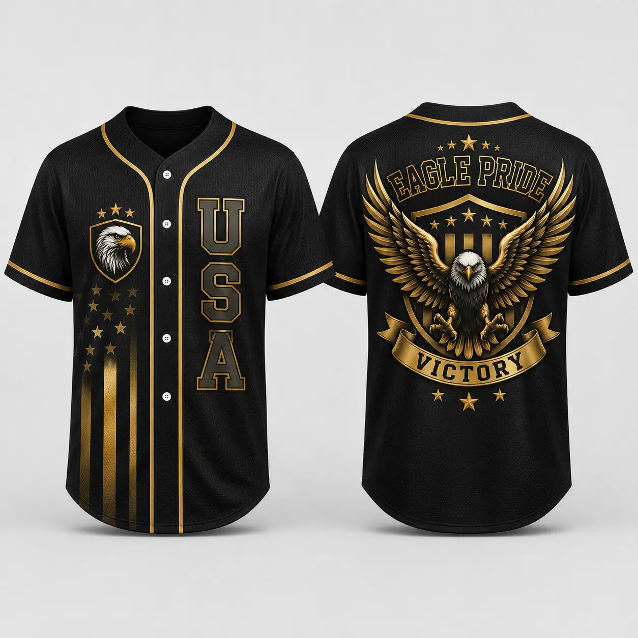 Eagle Pride Baseball Jersey, Black Gold Graphic Button Up Sports Jersey, Bold Eagle Athletic Shirt, Unisex Game Day Jersey for Casual Wear & Sports Events