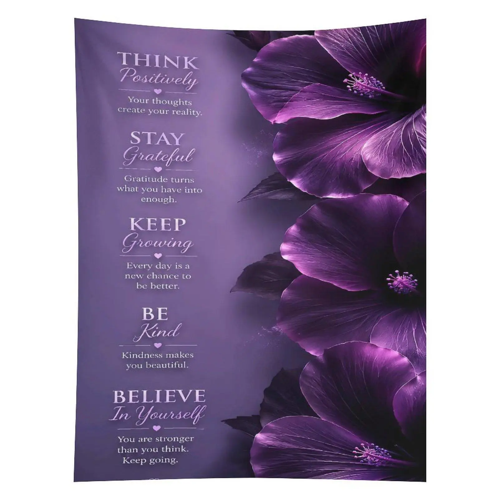 Think Positively Purple Flower Tapestry Inspirational Quote Wall Hanging Decor