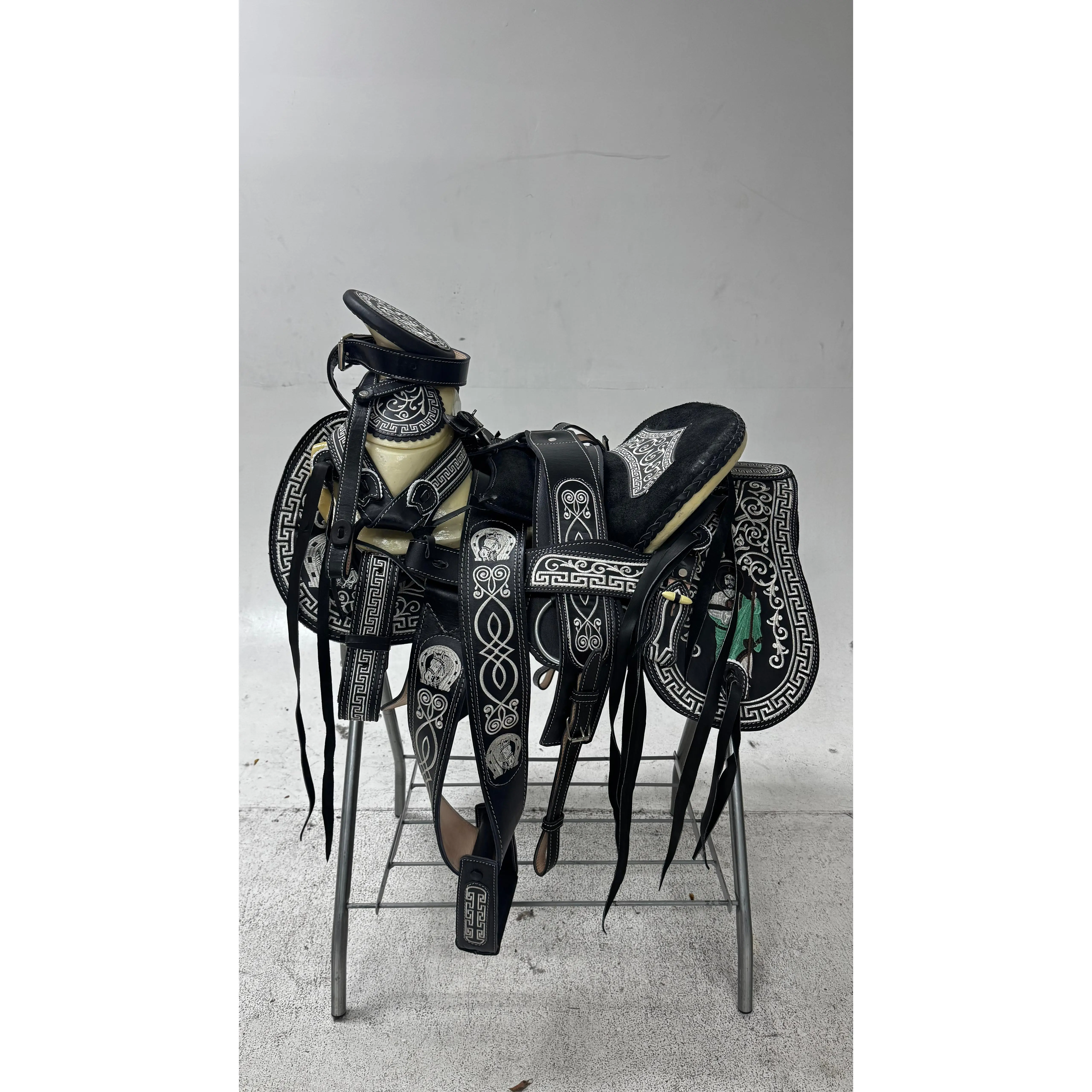 Charro Saddle – Black Leather with Silver Detailing & San Judas Design (15.5”) “El Guerrero”