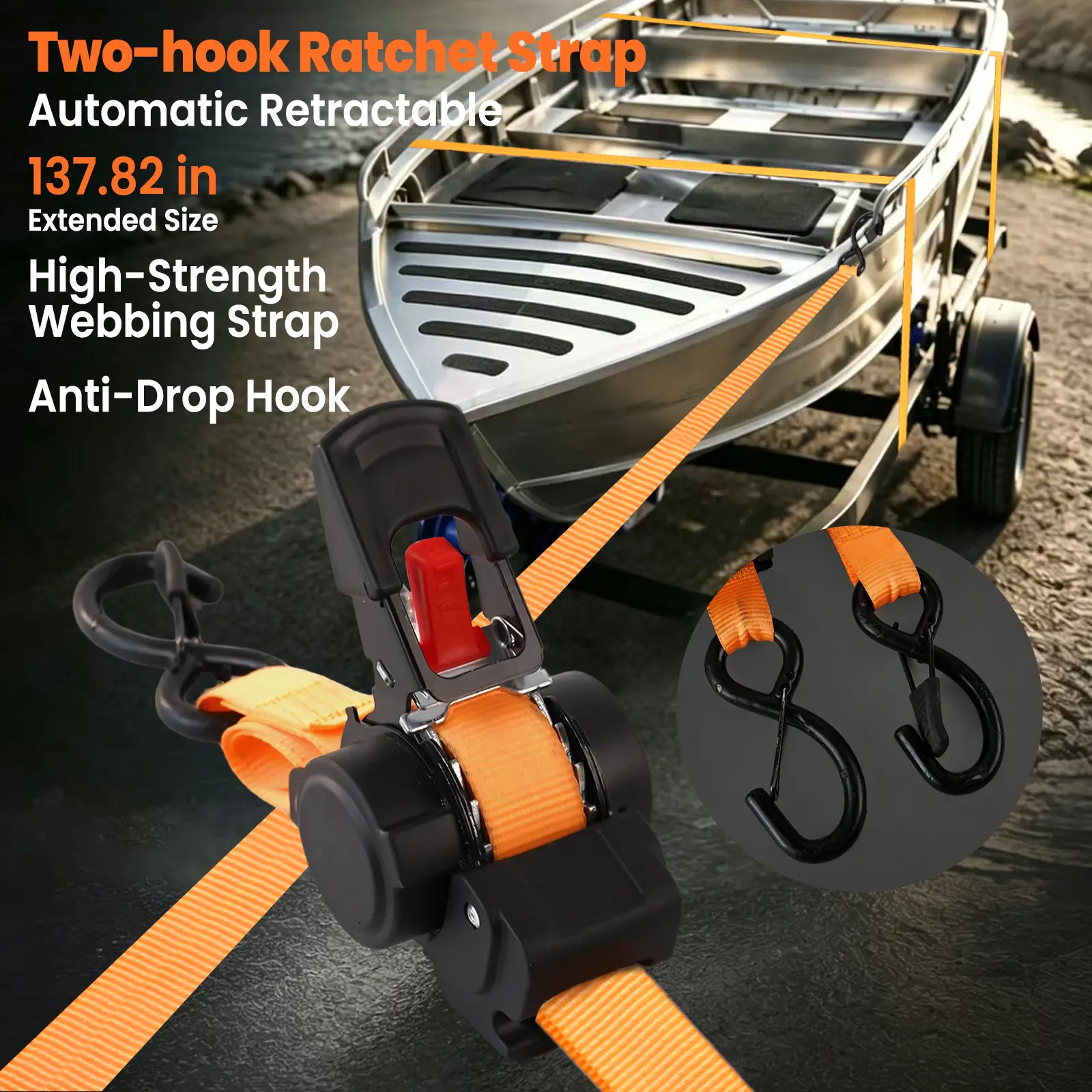 [2-Pack & 4-Pack] Marine Grade Retractable Transom Synthetic Rope Ratcheting Straps, Water-Resistant Auto Quick-Lock Securing Straps, UV-Protected Webbing for Boat Trailer, Jet Ski heavy duty removable d adjustable hanging Durable Patio Chair Vinyl Strap
