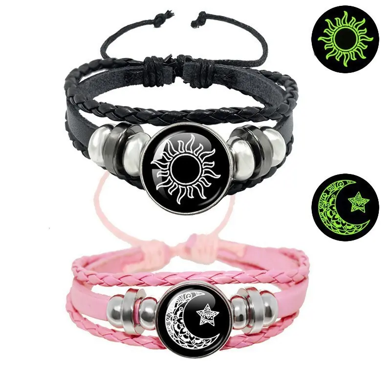 2pcs Vintage Handcrafted Multi-layer Bead Weave Leather Bracelet Luminous Moon and Sun Couple Gem Bracelet Unisex Vintage Handcrafted Multi-layer Bead Weave Leather Bracelet