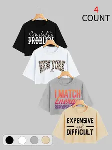 Women's 4-Pack Graphic Cropped T-Shirts, Oversized Short Sleeve Crew Neck, Gym Workout Slogans, Soft Breathable Fabric, Casual Summer Streetwear