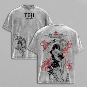 Men's Toji Fushiguro Washed Jujutsu Kaisen T-Shirt - Shibuya Incident Culling Game Prelude Vintage Oversized Heavy Cotton Double-Printed Front & Back, Boxy Fit Emo Graphic Tee, New York-Inspired Funny Meme Top