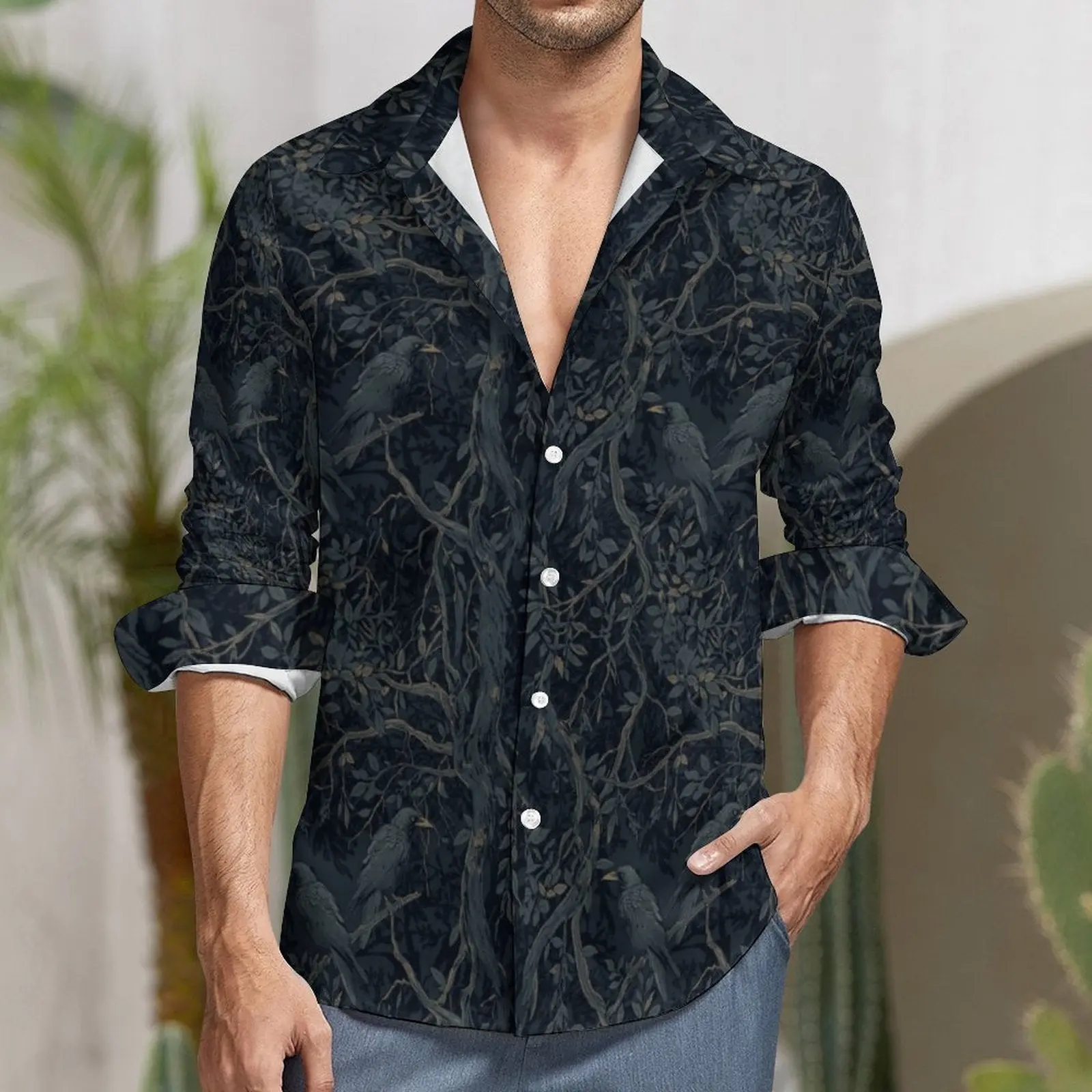 Men's William Morris Crows Faux Linen Long-Sleeve Casual Shirt with Pocket - Corporate Goth Style