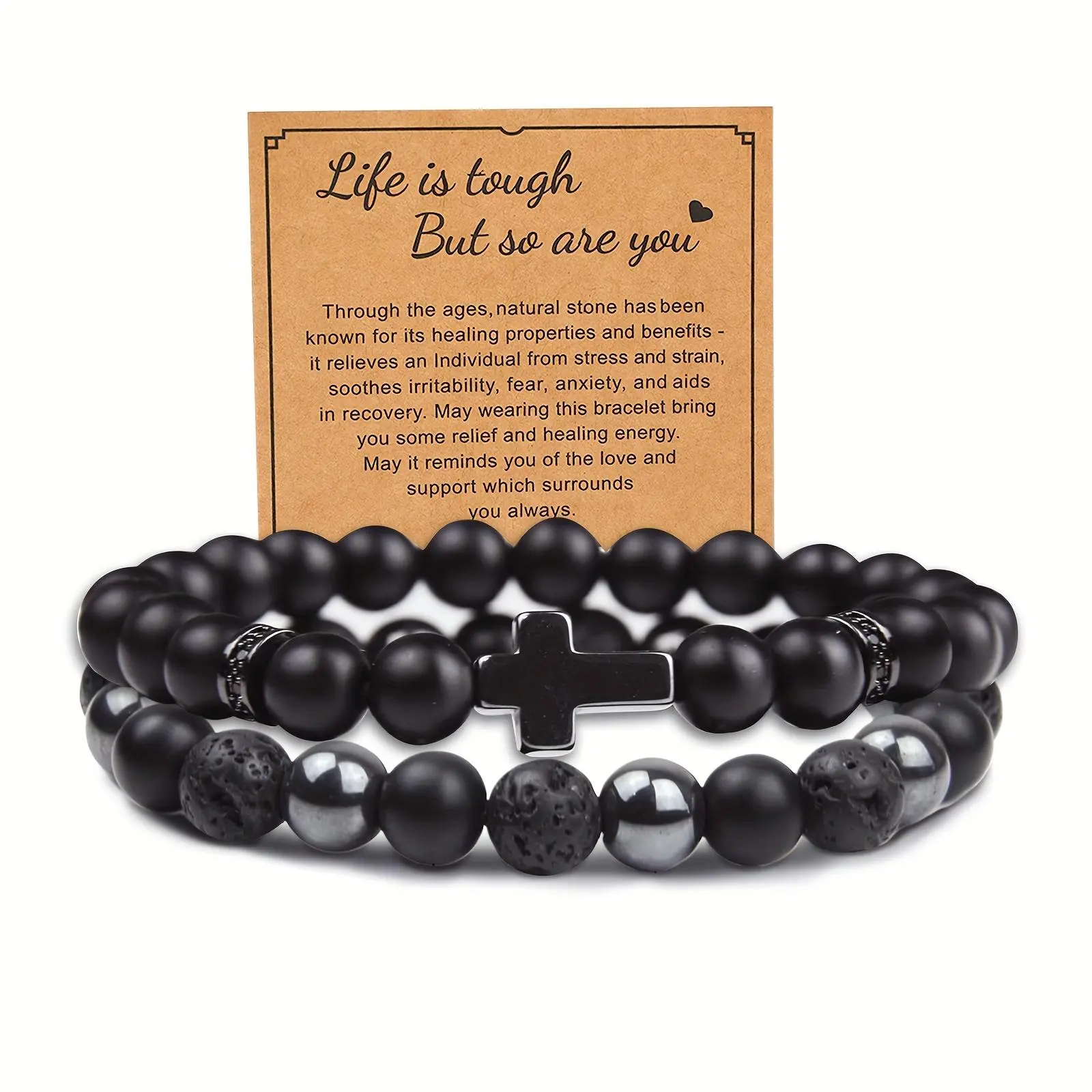 Black Cross Beaded Bracelet with Wish Card for Men Boys, 8mm Beads Natural Stone Elastic Bracelets for Couples - Fathers Day Gifts Birthday Gifts Mens Jewelry for Boyfriend Husband Him