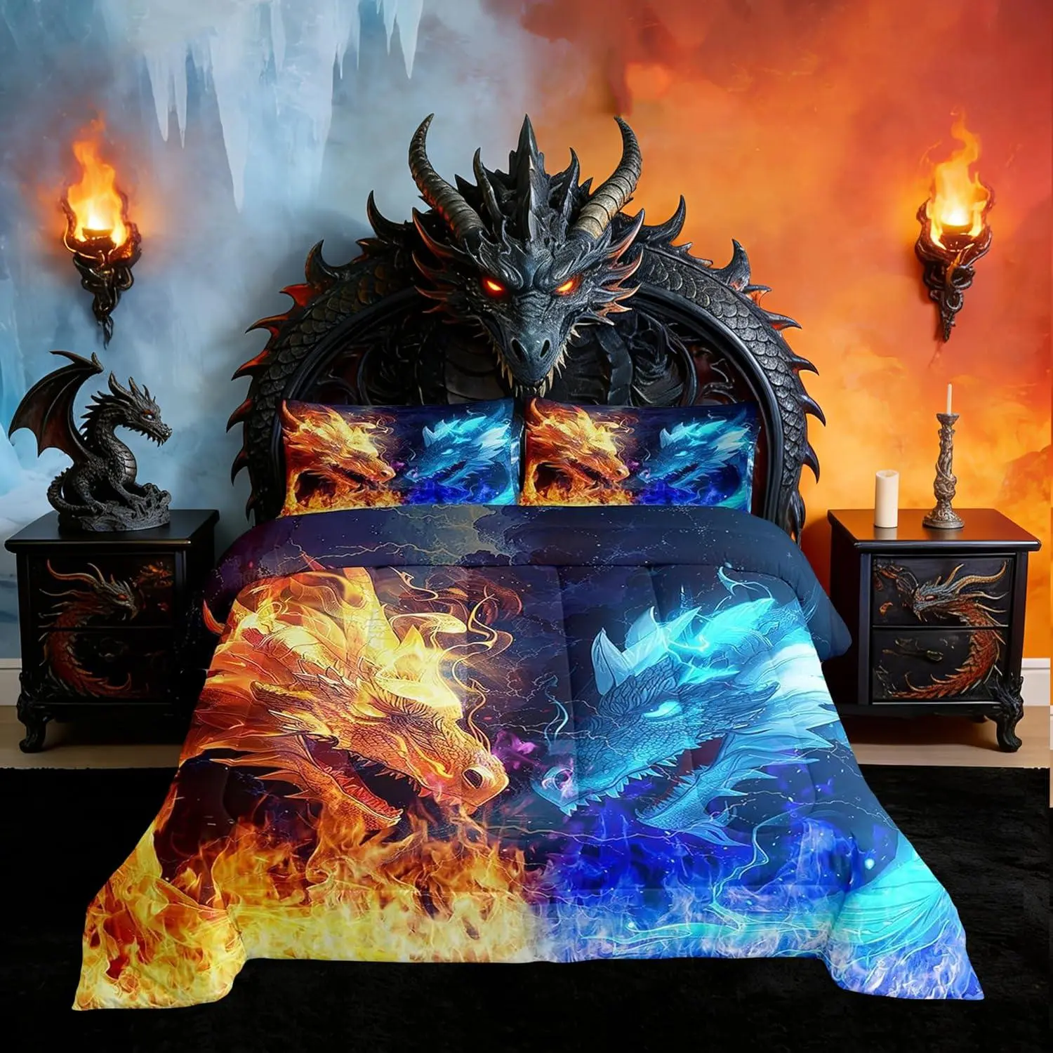 Dragon Comforter Set,Ice and Fire Magical Dragon Boys Bedding Set for Kids Teens Men Adults Room Decor,Animal Pattern Duvet Insert,Blue and Golden Wildlife Quilt Set