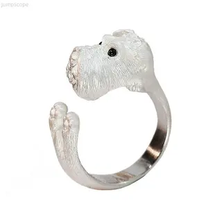 Vintage Schnauzer Dog Open Ring, Handmade Animal Puppy Ring, Adjustable Silver Plated Pet Jewelry for Dog Lovers