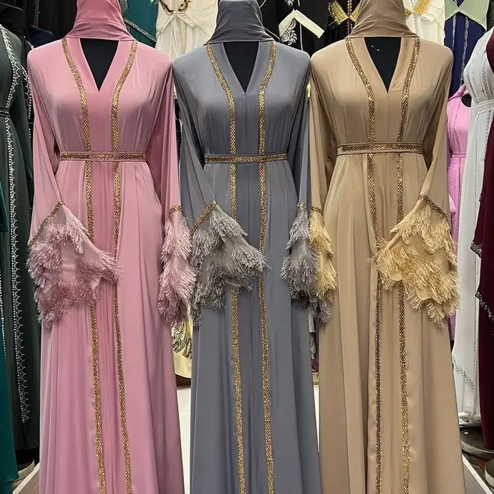 Abaya Dress Set with Sleeveless Design, Long Sleeves, and Tassels in Assorted Colors