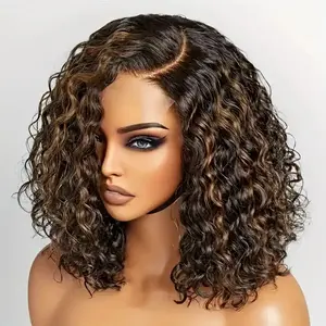 2025 Wholesale Arrivals ArrivalsWomen's Glueless HD Lace Front Short Wig - Natural Brown roots to Blonde Highlights, Human Hair, 200% Density, Deep Wave Texture, Pre-Cut 13x4 Lace, Ombre Honey Blonde Highlight, Minimalist Elegant Wig for Everyday & F
