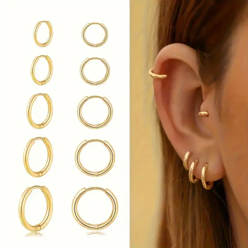 Women's Fashion Stainless Steel Hoop Shape Earrings Set, 5 Pairs Small Circle Design, Suitable for Cartilage Helix Piercing, Thin Round Ear Rings, Earring Jewelry, Ear Accessories, Hoop Earring Sets
