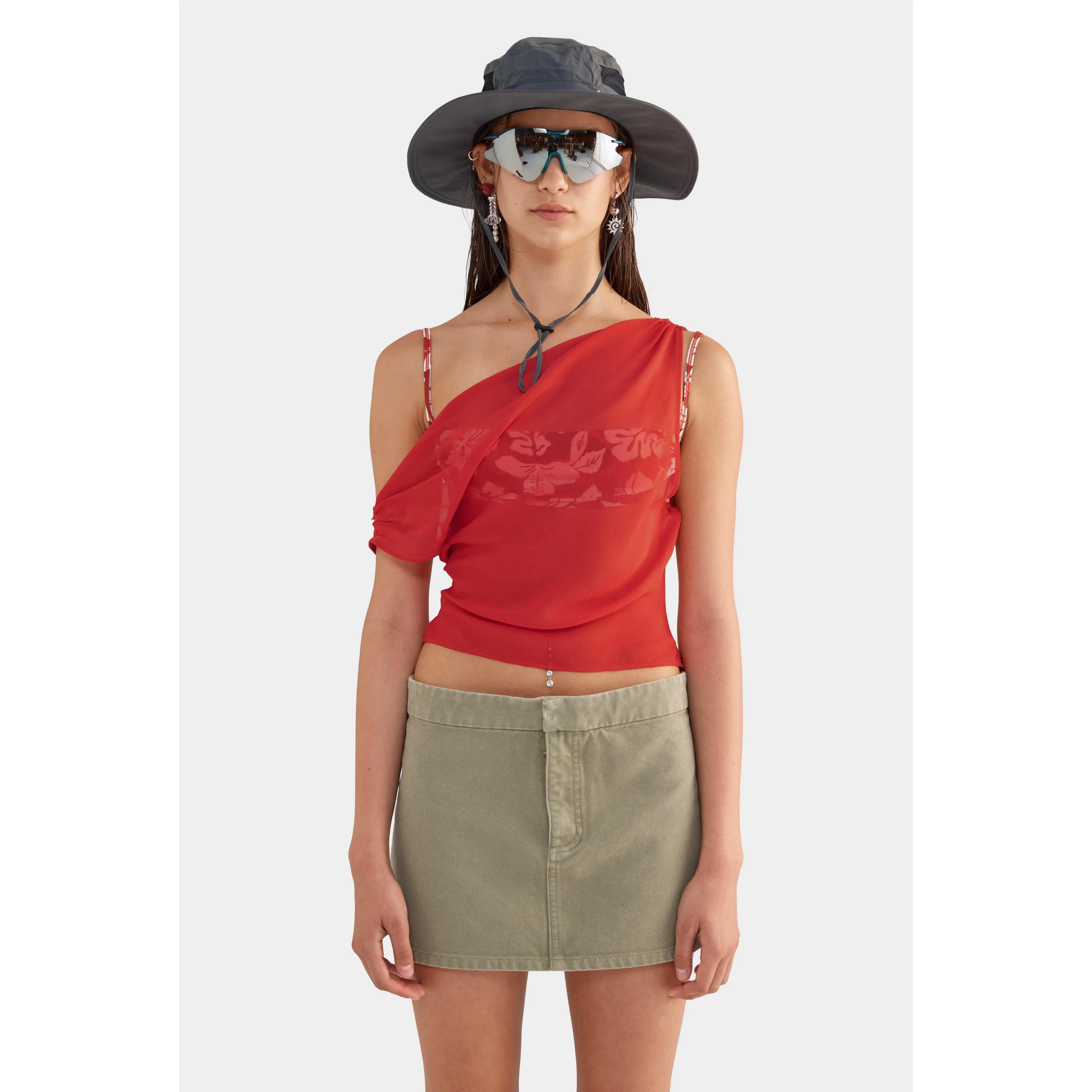 Asymmetric Draped Sheer Silk Top - Red