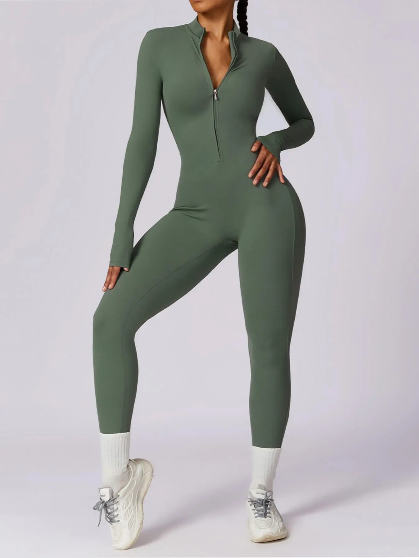 Women's Solid Zip Up Long Sleeve Sports Jumpsuit, Casual Sporty Comfy Jumpsuit for Yoga Gym Workout, Ladies Sportswear for All Seasons