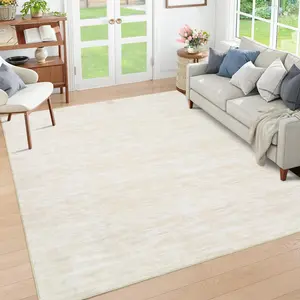 GARVEE Living Room Area Rug 10x13 Modern Solid Color Large Bedroom Rug with Rubber Backing Stain Resistant Low Pile Dining Room Throw Carpet Contemporary Washable Rug for Home Decor Office, Cream