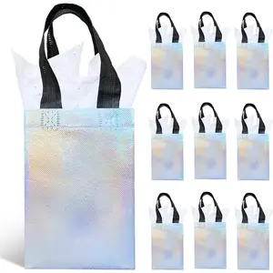 10 Pack Glossy Iridescent Holographic  Bags with Tissue Papers, 7''  Non-woven Party Bags with Handles & Sturdy Base for Birthday, Wedding, Holiday, Anniversary and More