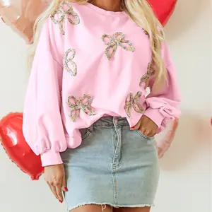 Women Light Pink Embroidered Bow Lantern Sleeve Oversized Pullover Sweatshirt Comfort Hoodie Tops