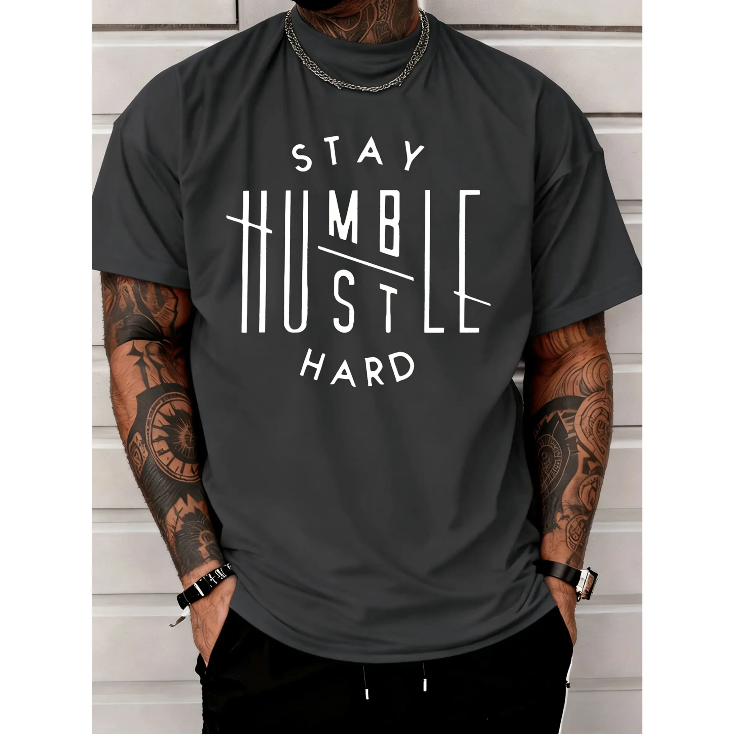 100% cotton classic street style. Stay humble, work hard. Letter print T-shirt. Men's fashion casual trend. Adult men's daily short-sleeve T-shirt