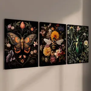 3-Pack Wooden Frame Canvas Posters, Vintage Insect Floral Theme, Modern Art, Waterproof, Ideal for Living Room, Bedroom, Office Walls