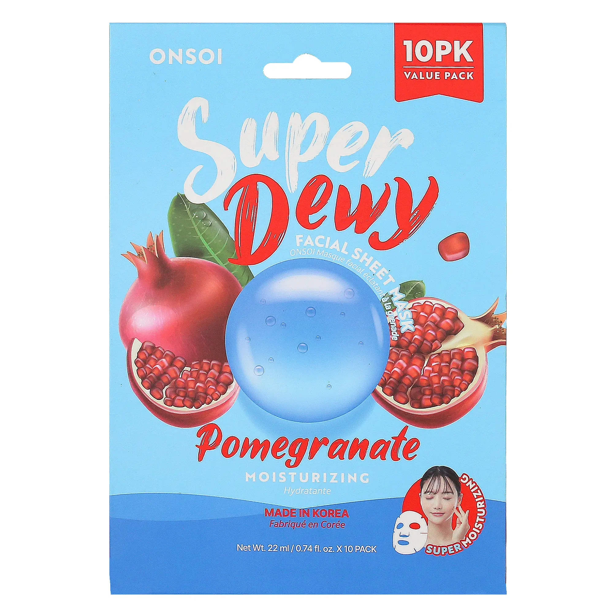 ONSOI Super Dewy Pomegranate Facial Sheet Mask (10pk) - Hydrating Facial Sheet Mask for Dry Skin, Daily Korean Skincare