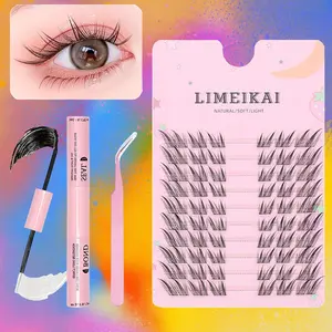 Natural Look Anime False Eyelashes DIY Eyelash Extension Glue Kit + Eyelash Glue + Specialized Eyelash Curler - 60 Clusters, Mixed Lengths (9-14mm) for Cosplay, C-Curled, Curly Lashes