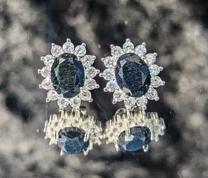 Black Sapphire Stud Earrings: Sterling Silver Flower Halo, Elegant Jewelry