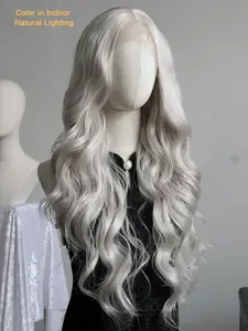 Silver Body Wave Wigs 13x4 Lace Front Wigs Pre-Plucked Natural Hairline Synthetic Wig HD Transparent Lace Free Parting Grey Silver Concert Music Festival Look Wavy Wig for Women Party Cosplay Stage 28 Inch Soft Wave Wig Natural Looking Wig
