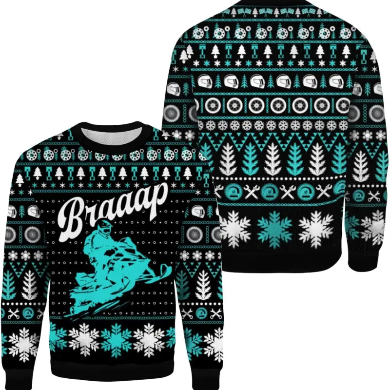 Braaap Snowmobile Ugly Christmas Sweater, Custom Sport ugly sweater, Snowmobile shirt for men and women Black