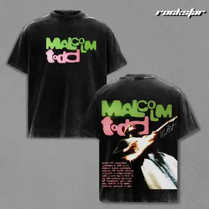 Malcolm Todd Graphic T-Shirt Vintage Washed, Colorful Text Portrait Design with Back Print, Oversized Black Heavyweight Streetwear Shirt for Music Fans