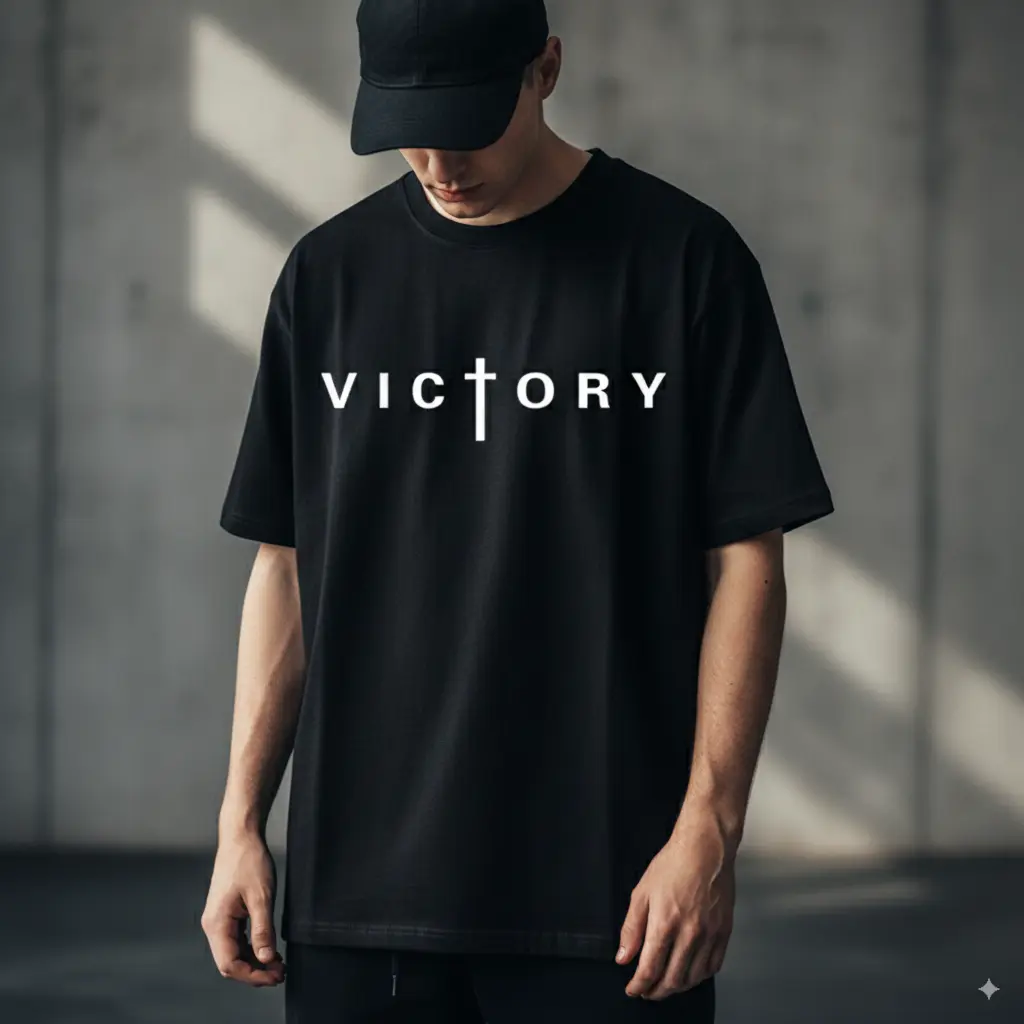[VICTORY Print Cotton Tee] Men's Classic Streetwear Short-Sleeve Apparel - 1pc Casual Crew Neck Menswear, Slight Stretch All-Season Knit Fabric, Regular Fit, Plus Size