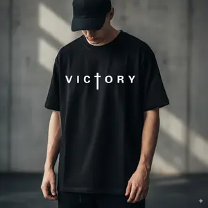 [VICTORY Print Cotton Tee] VICTORY Print Cotton T-Shirt - 1pc Men's Casual Crew Neck Tee - Slight Stretch, All-Season Knit Fabric, Regular Fit, Plus Size