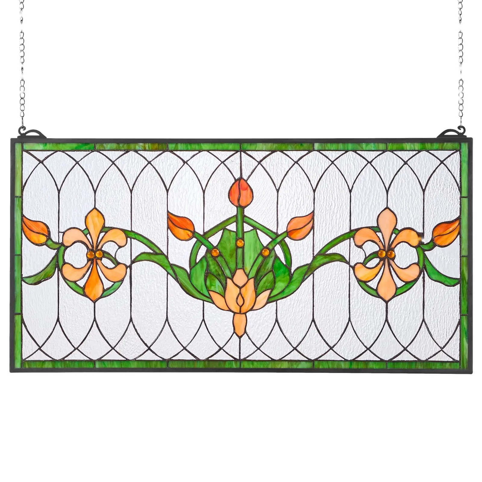 Stained Glass Tiffany Style Hanging Window Panel With Chain, 32 X 17 Inches, Handcrafted Art Glass Sun Catcher, Decorative Home Window Decor, Vintage Inspired Glass Panel For Living Room And Bedroom, Unique Gift Idea