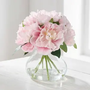 Realistic Silk Peony Artificial Flowers Arrangement with Glass Vase & Faux Water, Lifelike Table Centerpiece for Home Office Bathroom Wedding Decor