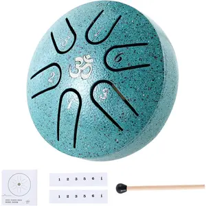 3" C-Key Steel Tongue Hand Drum, 6-Note Metal Rain Drum Percussion Instrument for Meditation, Concentration, with Carry Bag, Music Book, Mallets (Blue)