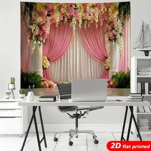 Wedding Floral Arch Tapestry Wall Hanging, Pink Curtain Flower Design, 2D Flat Printed Backdrop for Wedding, Bridal Shower, Photo Booth, Party Decor