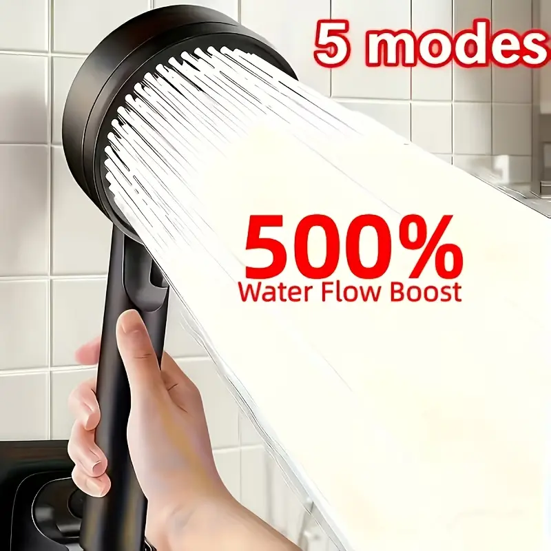This High-Pressure Shower Head, Which Offers Five Different Modes, Increases Water Flow by 380%. It Is a Bathroom Accessory Designed to Save Water, Features an Adjustable Spray