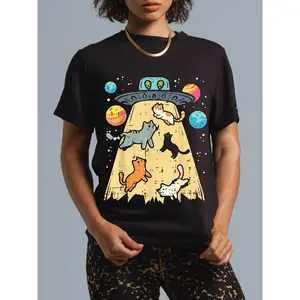 100% Cotton Alien Abduction Cats UFO Flying Saucer Space Women Girls T-Shirt