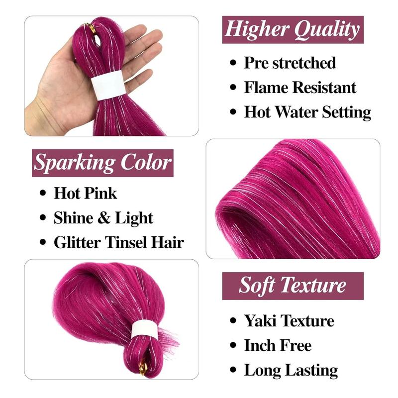 Tinsel Fashion Braiding Hair Pre stretched Magenta Pink Braiding Hair for Glitter Braids Festival Braids