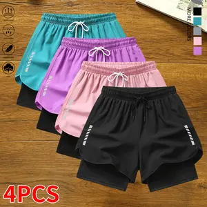 Set of 4 women’s casual athletic shorts with striped print, built-in lining, drawstring, and elastic waistband — suitable for fitness, running, and casual wear; lightweight summer shorts, women’s clothing, summer womenswear, summer apparel