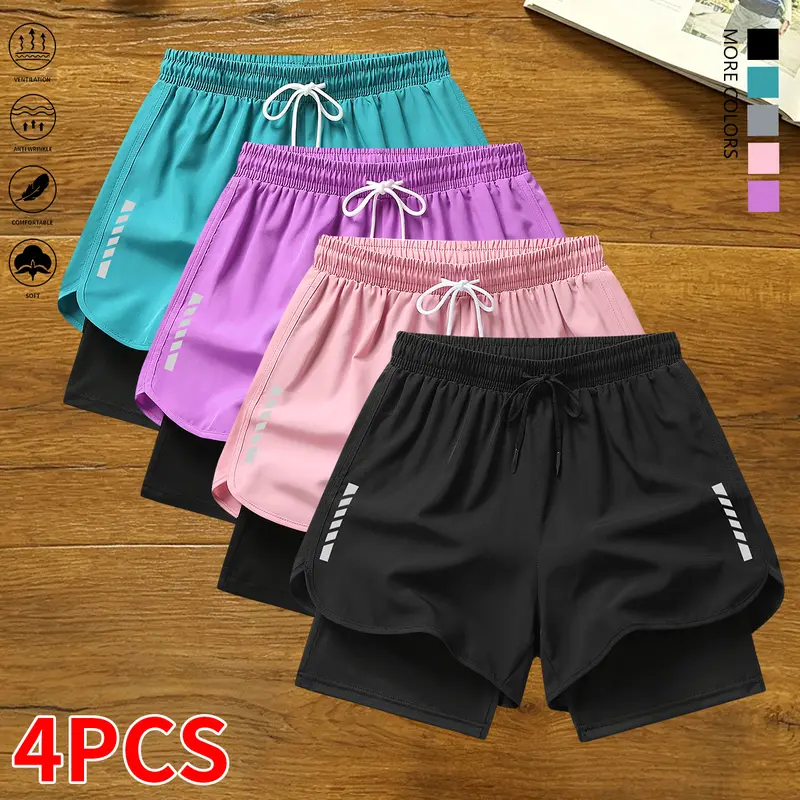 Women's 4-Pack Active Casual Stretch Knit Sport Shorts - Striped Print, Built-in Lining, Drawstring, Elastic Waistband, Polyester, Lightweight for Fitness, Running - Summer Bottoms Apparel