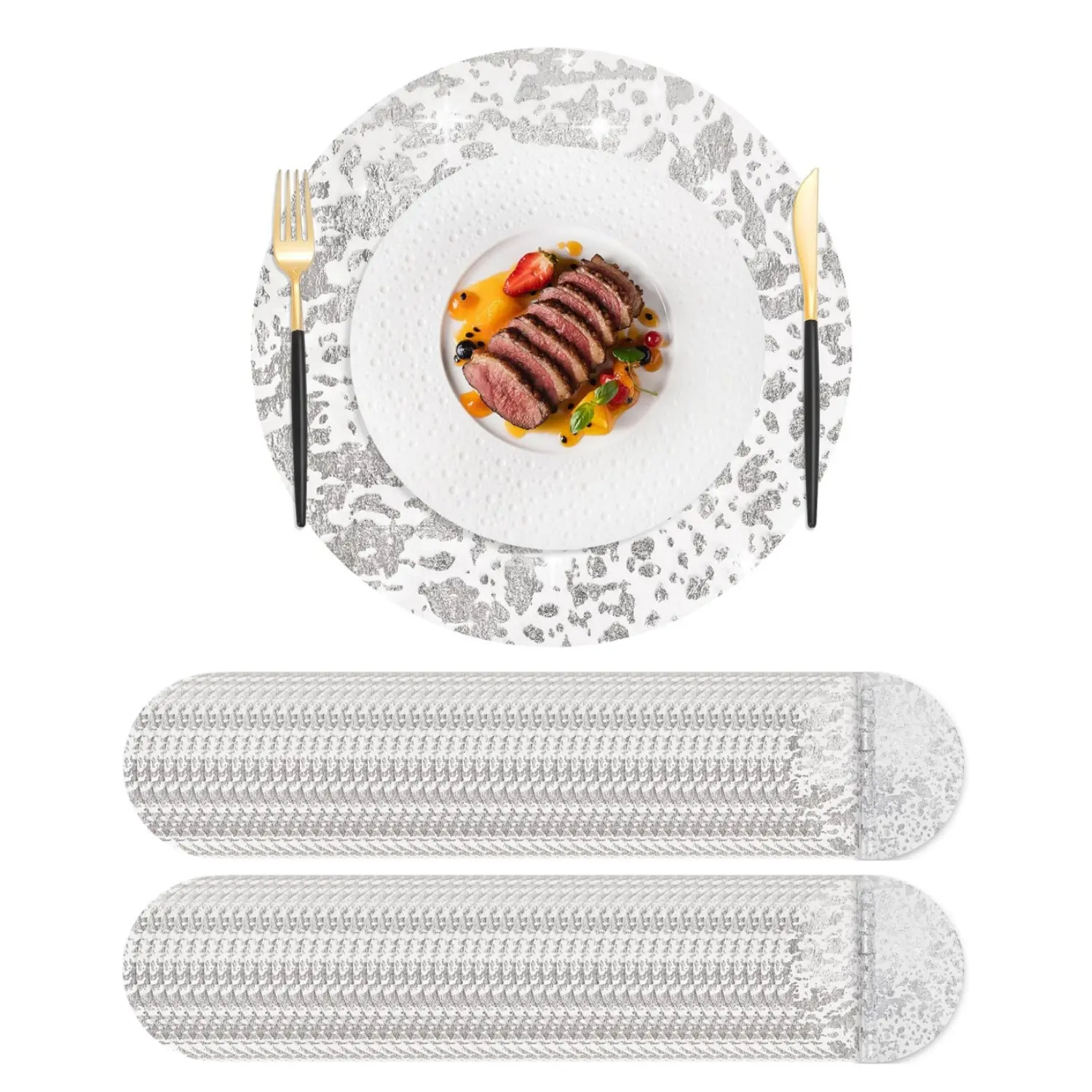 50-Piece 13in/33cm Round Metallic Silver Foil Mesh Pressed Disposable Table Doilies Tool Kit, Ultra-Thin Floral Glam Design, Adaptable for Every Occasion Home/Wedding Party Decoration Hand Tool Accessories, Placemat