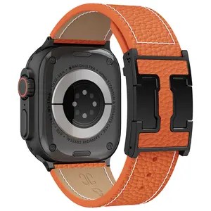 CRAZYGRASS Magnetic Lychee Grain Leather Watch Band for Men [WATCH NOT INCLUDED]for 49mm 46mm 45mm 44mm Square Smartwatch Tactical-Grade Leather Strap Quick Release Executive-Grade Accessory Wearable